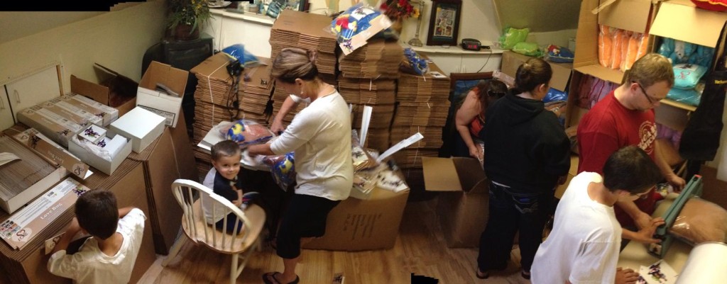 Fran Rebello, Bailey Stewart, Sharon Stewart working on the pillows!